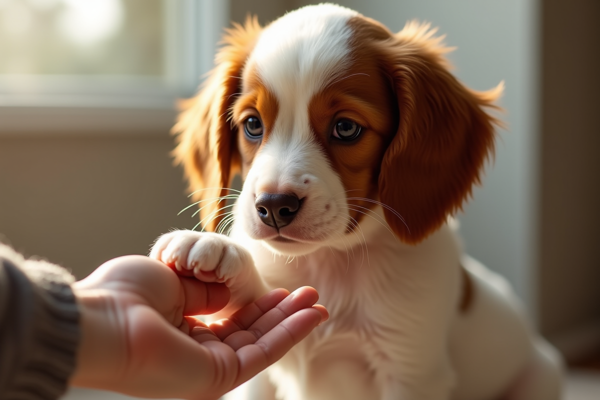Chiot Brittany Spaniel touchant une main humaine à l intérieur