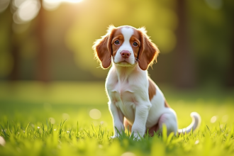 Jeune chiot Brittany Spaniel assis dans un parc en plein jour
