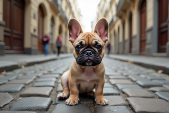 Jeune chiot bulldog francais sur une rue parisienne historique