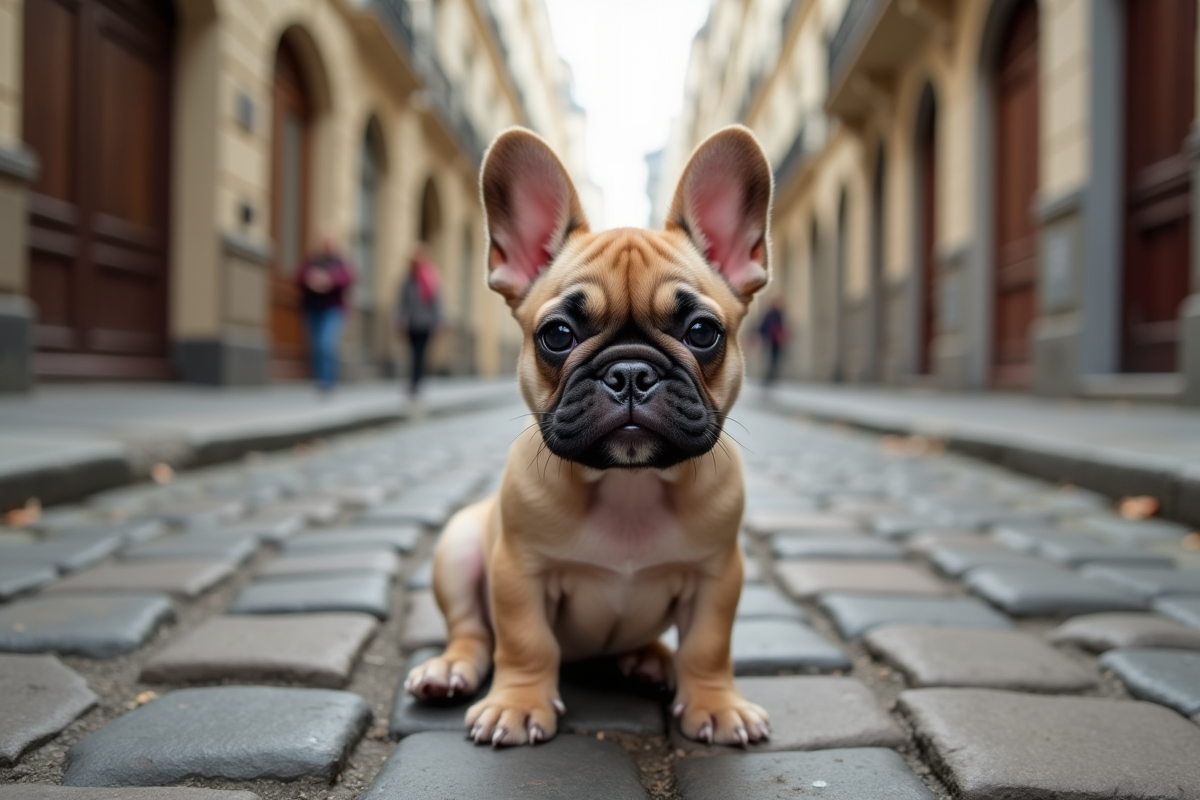 Jeune chiot bulldog francais sur une rue parisienne historique
