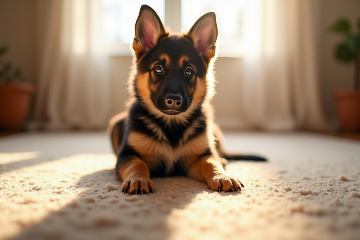 Chiot berger allemand assis sur tapis en intérieur