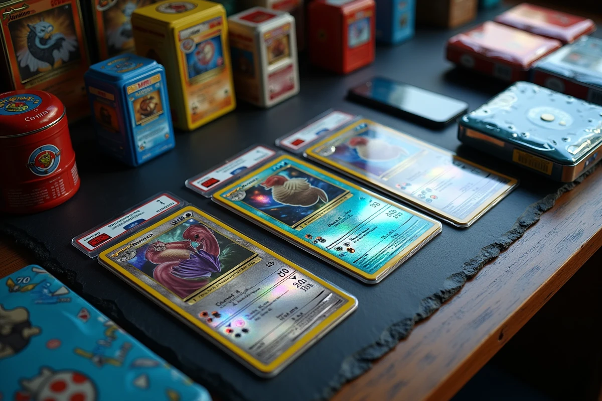 Vue du dessus d'une collection de cartes Pokémon rares et gradées disposées sur une surface en ardoise avec un smartphone affichant une application d'inventaire