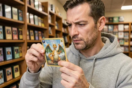 Collectionneur adulte examinant attentivement une carte rare Dracaufeu dans une boutique de cartes Pokémon