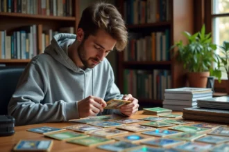Jeune collectionneur organisant sa collection de cartes Pokémon sur un bureau en bois avec des classeurs et des protège-cartes