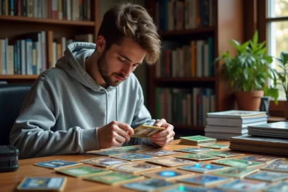 Jeune collectionneur organisant sa collection de cartes Pokémon sur un bureau en bois avec des classeurs et des protège-cartes