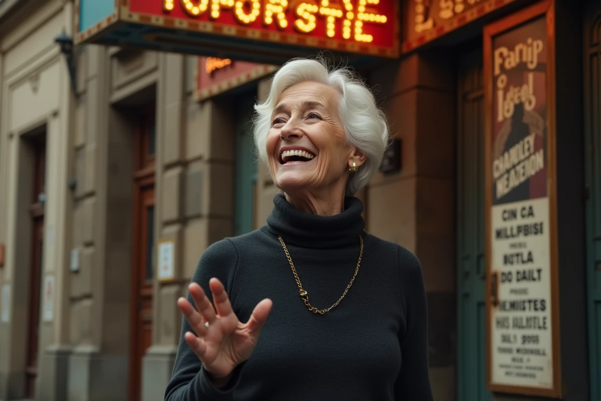 Femme comédienne devant une marquise de théâtre vintage à Paris, rappelant l'époque dorée du café-théâtre et du Splendid