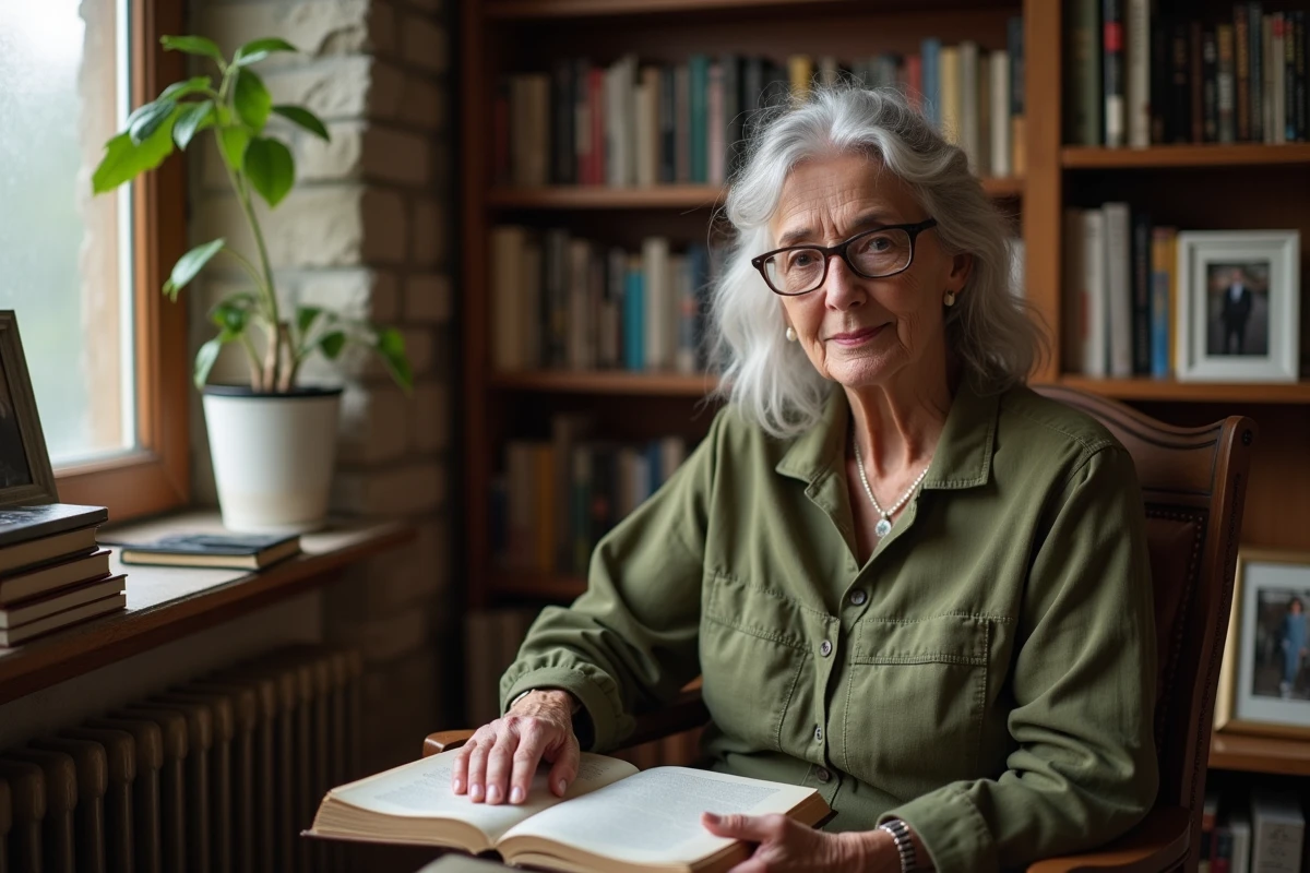 Portrait intimiste d'une comédienne française chez elle entourée de livres, illustrant une vie privée discrète et cultivée