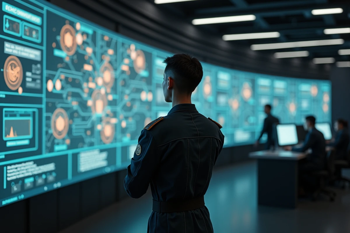Commandante futuriste en combinaison militaire analysant une interface de stratégie de guerre sur grand écran tactique