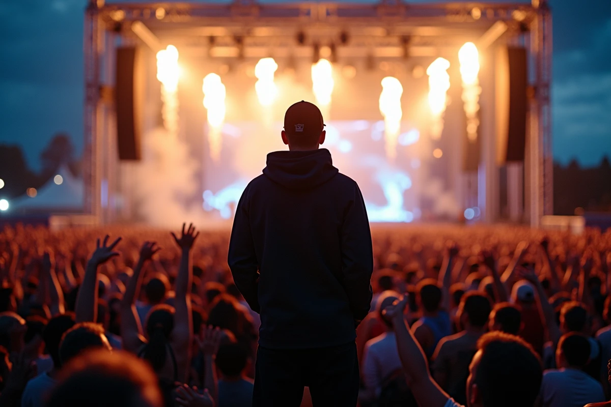 Concert hip-hop en plein air avec un rappeur sur scène devant une foule de milliers de fans lors d'un festival de musique en France