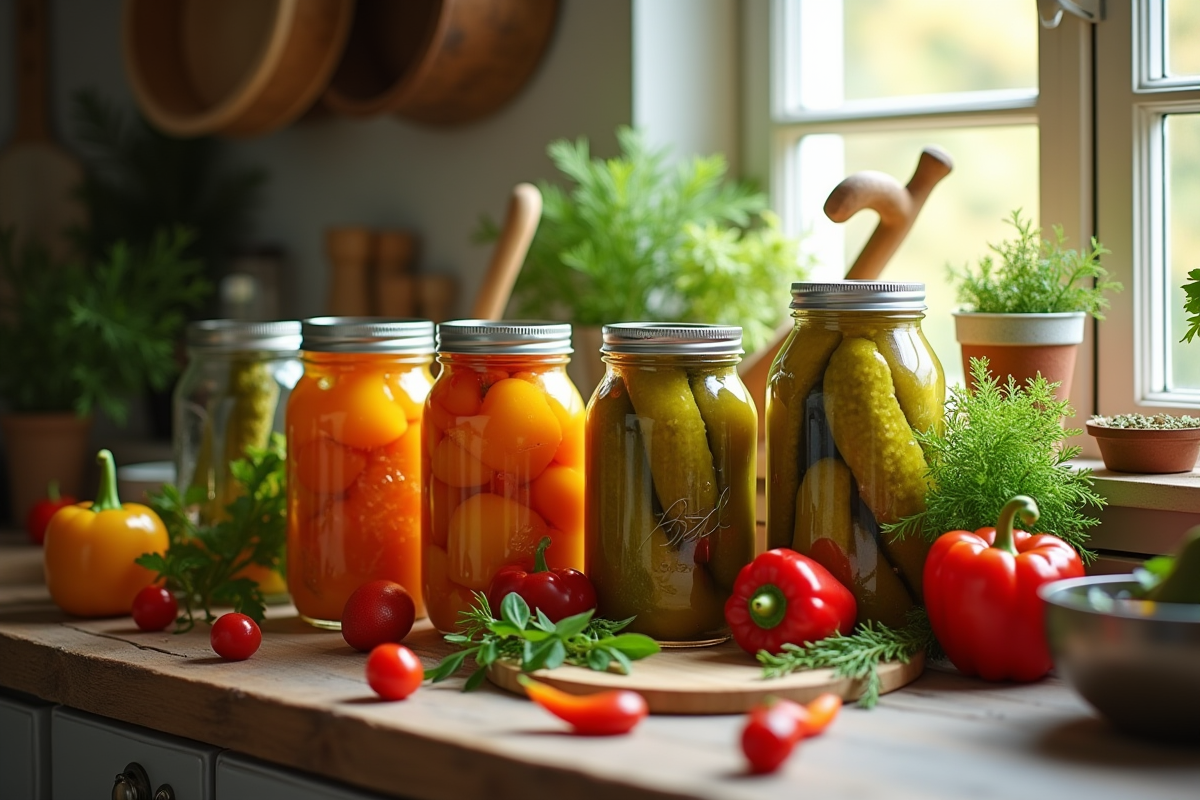 Conserves de légumes et herbes fraîches sur un comptoir de cuisine