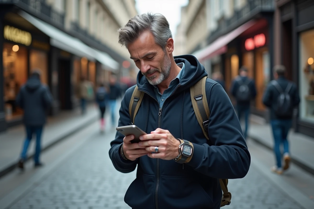 Homme en ville utilisant un cordon poignet pour téléphone portable avec étui de protection solide