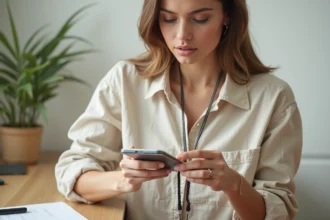 Femme attachant un cordon téléphone portable compatible avec une coque transparente dans un bureau minimaliste
