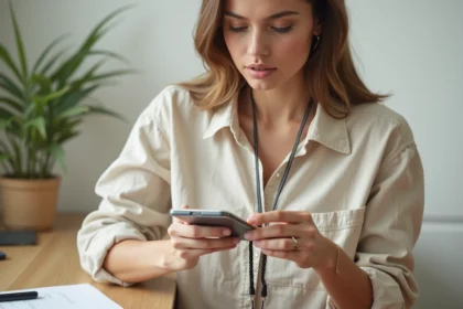 Femme attachant un cordon téléphone portable compatible avec une coque transparente dans un bureau minimaliste