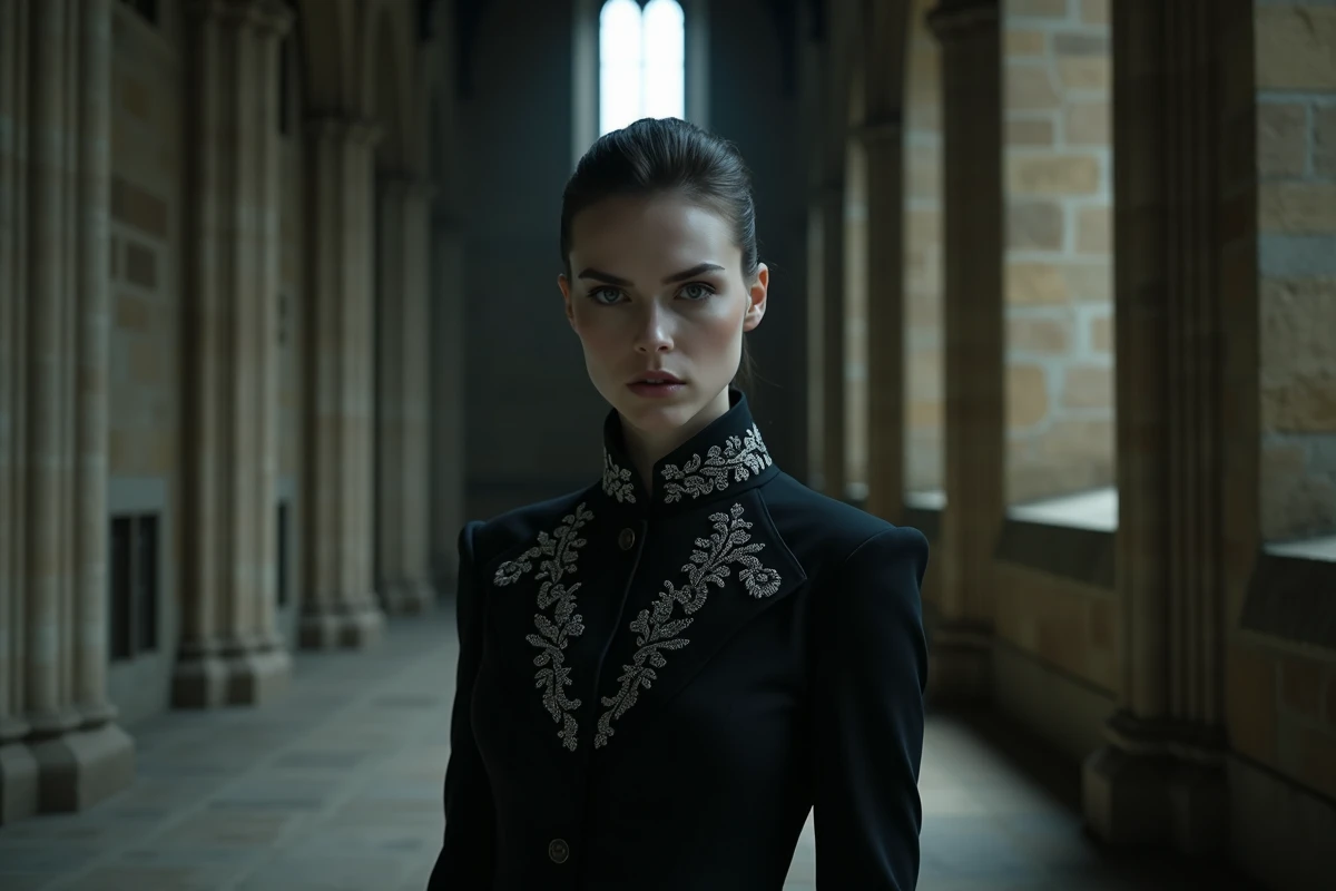 Cosplayeuse déguisée en homonculus antagoniste dans une cathédrale gothique en pierre avec des fenêtres en arc et des ombres géométriques