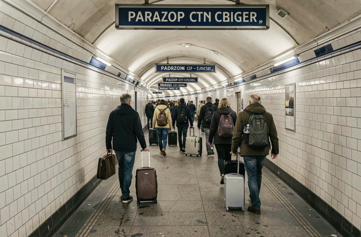 Couloir de correspondance entre deux lignes de métro à Paris avec des voyageurs en transit
