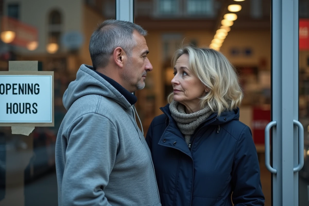 Couple lisant les horaires d'ouverture du dimanche affiché sur la porte d'un magasin Action