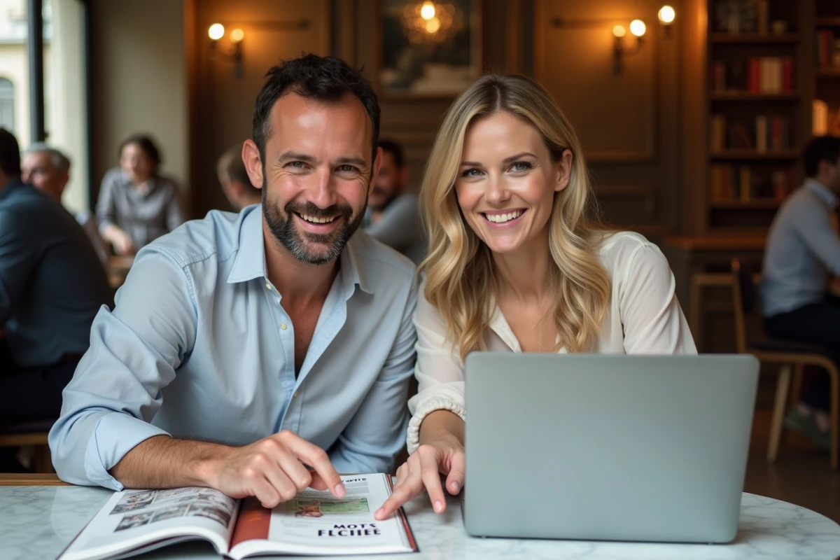Couple utilisant un outil en ligne pour résoudre des mots fléchés et mots croisés ensemble dans un café français