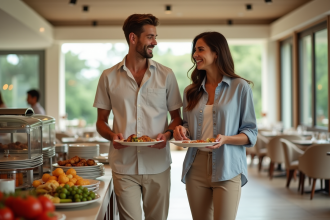 Jeune couple souriant au petit déjeuner en resort