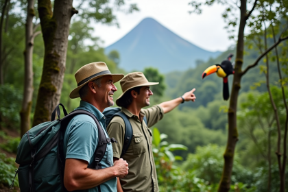 Couple souriant en randonnée dans la forêt tropicale au Costa Rica