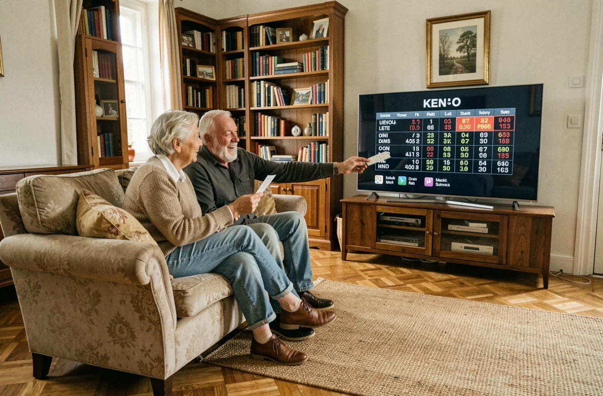 Couple de seniors regardant les résultats du Keno midi sur leur télévision dans leur salon