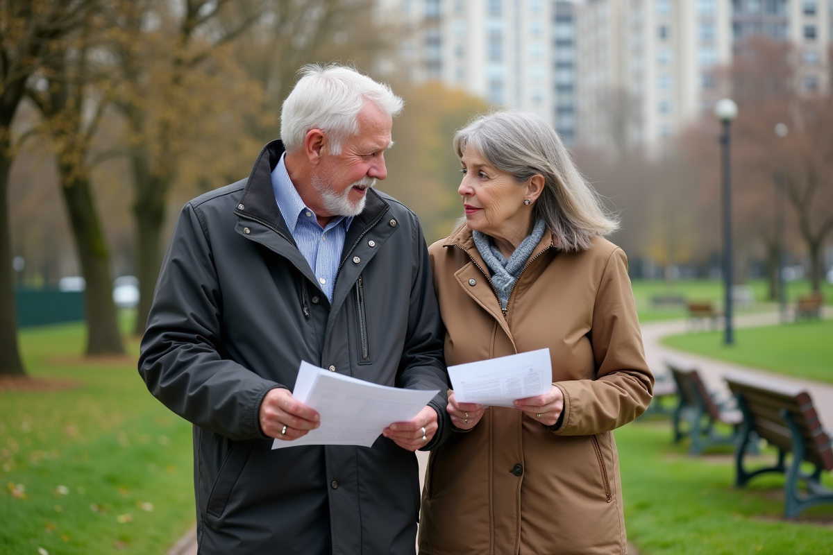 Couple retraité marchant dans un parc urbain