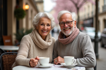 Couple retraité souriant à un café parisien en plein air