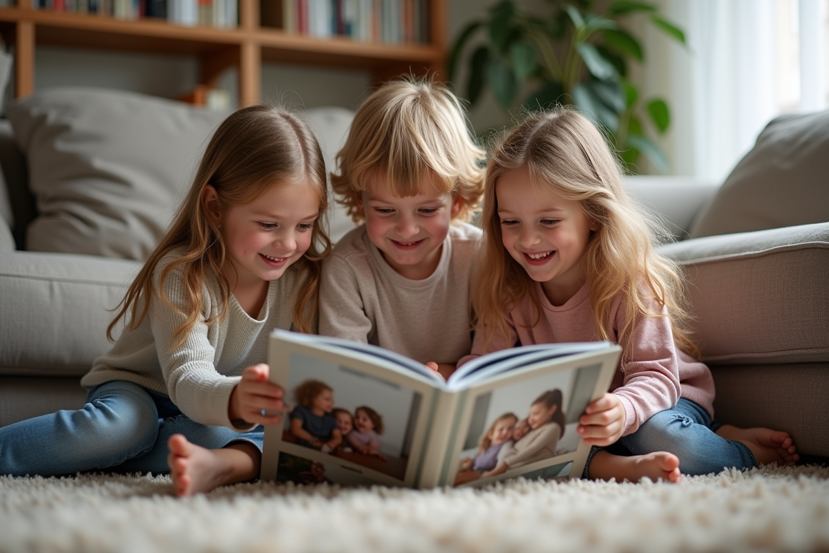 Trois cousins rient en regardant un album photo dans le salon