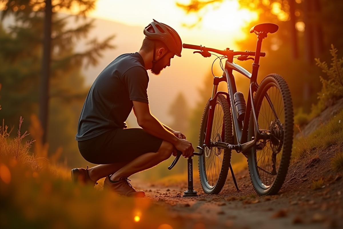 Cycliste ajustant la pression du pneu au coucher du soleil