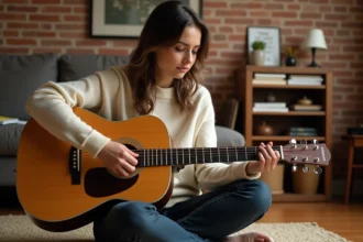 Jeune femme débutante apprenant les accords de guitare acoustique assise sur un plancher en bois dans un salon chaleureux