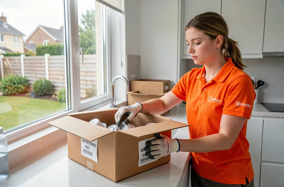 Déménageuse de Déménag'heure emballant des affaires de cuisine dans des cartons étiquetés dans une cuisine moderne du Pays Basque