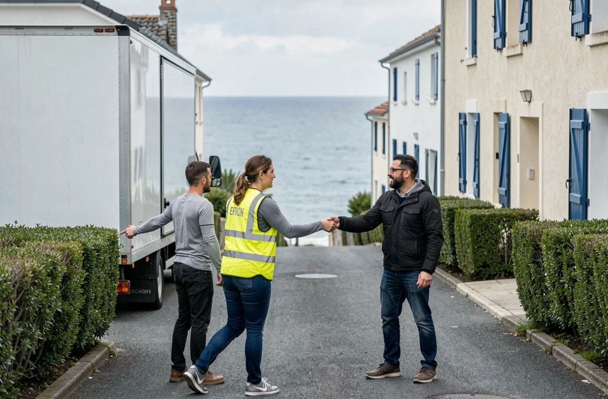 Coordinatrice de Déménagements Sanzberro supervisant le chargement d'un camion dans une rue résidentielle près de la côte à Biarritz
