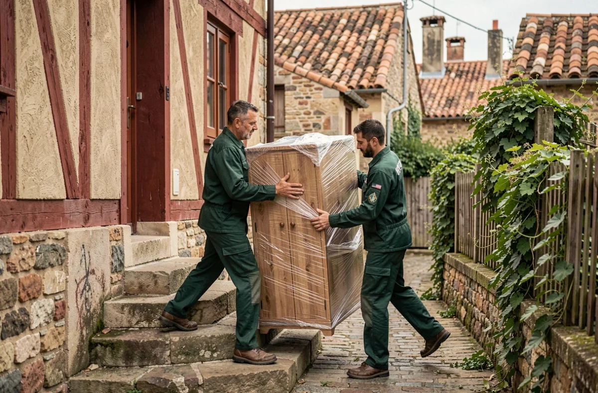 Déménageurs des Déménagements et Transports Pyrénéens portant une armoire emballée devant une maison basque traditionnelle à Bayonne