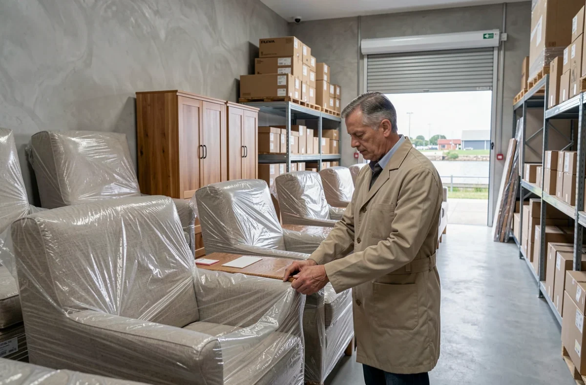 Gestionnaire de Desse Aux Garde Meubles de l'Adour inspectant des meubles emballés dans un grand entrepôt de stockage climatisé près de l'Adour