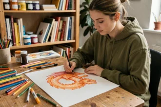 Jeune femme dessinant un dragon coloré avec des crayons et marqueurs sur une table d'artiste en bois