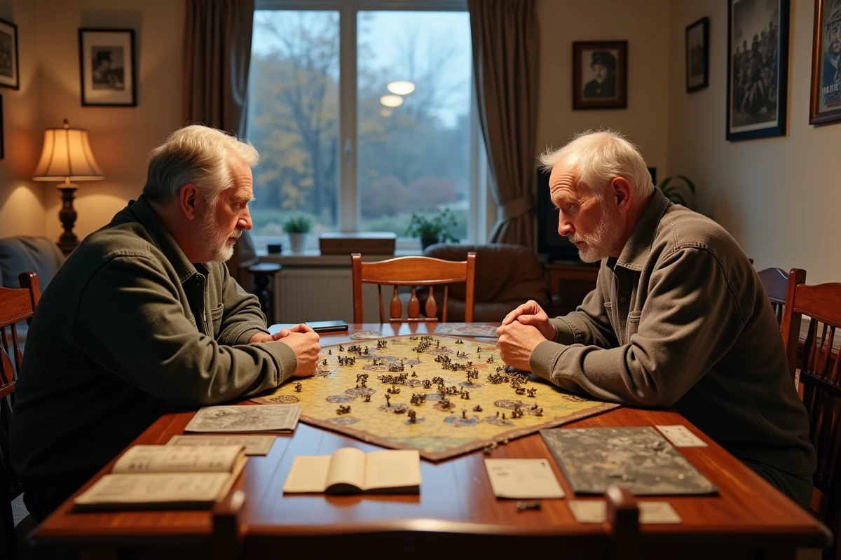 Deux hommes jouant à un wargame historique complexe sur table avec plateaux hexagonaux et compteurs militaires de la Seconde Guerre mondiale