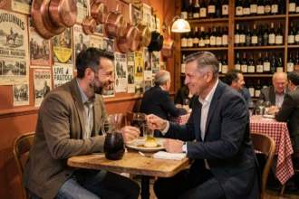 Couple dînant dans un bouchon lyonnais traditionnel avec une quenelle de brochet et un carafe de Beaujolais
