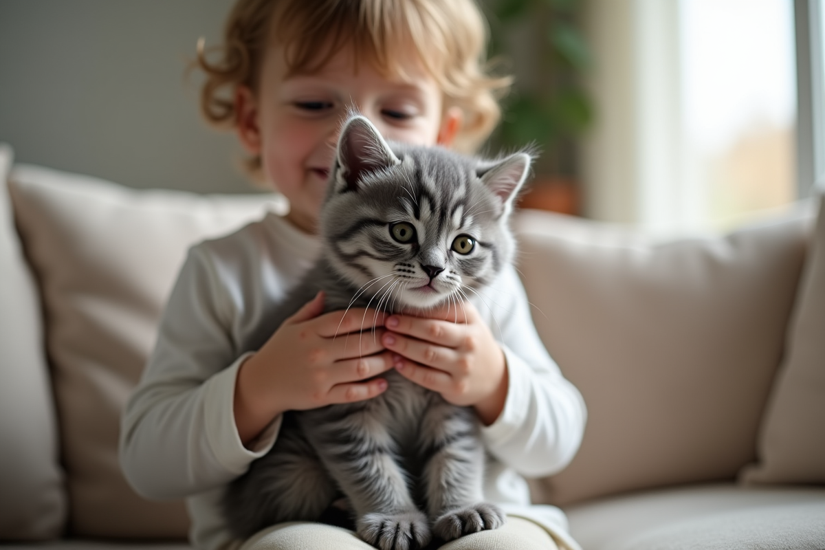 Enfant tenant doucement un chaton angora gris sur un canapé
