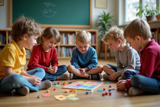 Enfants d'école primaire jouant à un jeu éducatif en classe