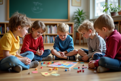 Enfants d'école primaire jouant à un jeu éducatif en classe
