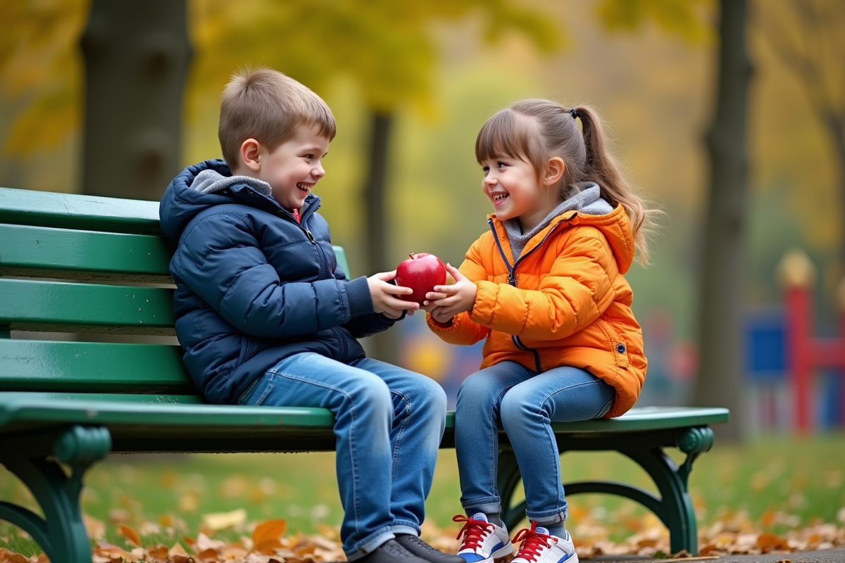 Enfants échangeant une pomme dans un parc en plein air