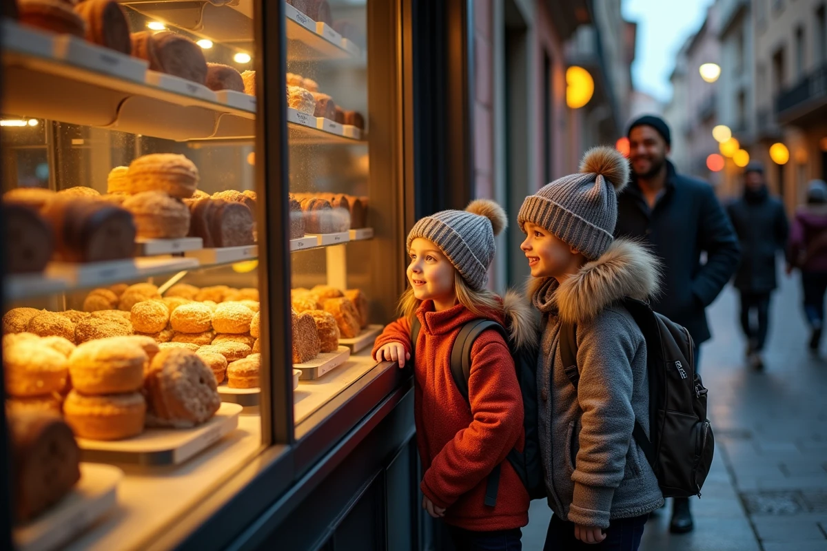 Enfants admirant une vitrine de confiserie dans une ruelle historique de Toulouse lors d'une sortie nocturne en famille