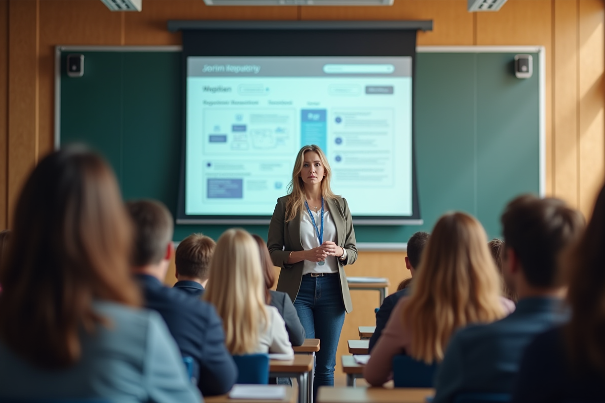 Professeur montrant un portail en ligne aux étudiants en amphitheatre