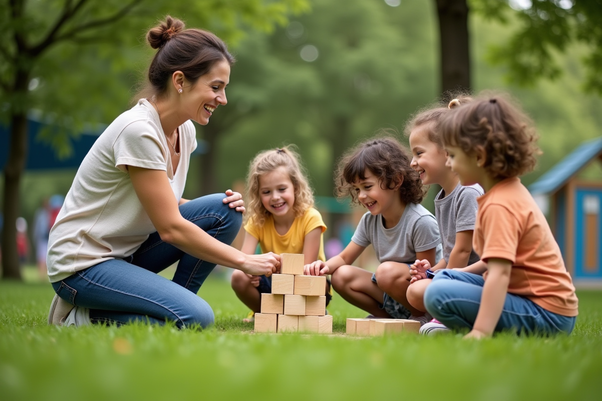 Enseignante aidant des enfants à construire une tour en bois dehors