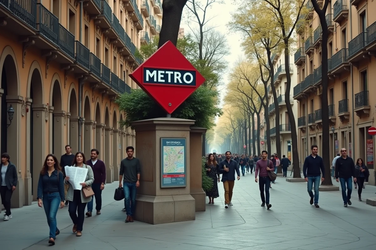 Entrée de station de métro à Barcelone dans le quartier Eixample avec façades modernistes et code postal affiché