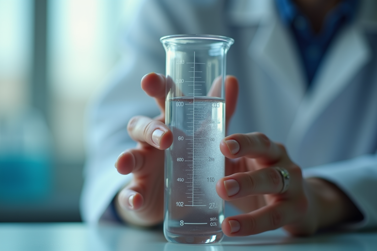 Main tenant une éprouvette avec liquide à 2 cl en gros plan