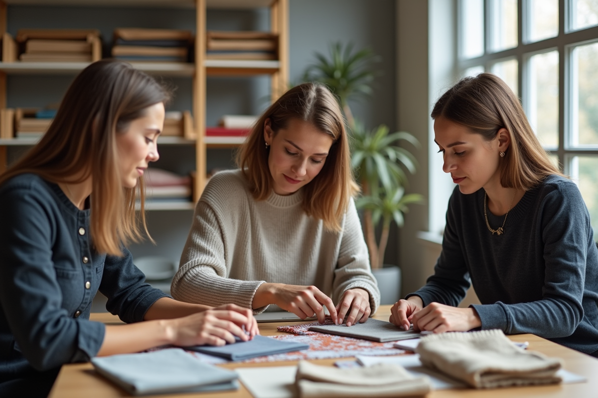 Groupe de trois adultes comparant des tissus vêtements