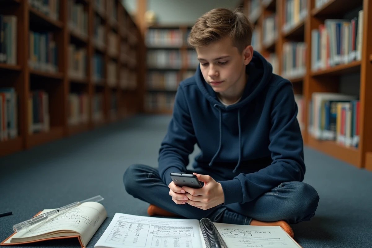Étudiant consultant une application convertisseur pieds centimètres sur son smartphone dans une bibliothèque scolaire