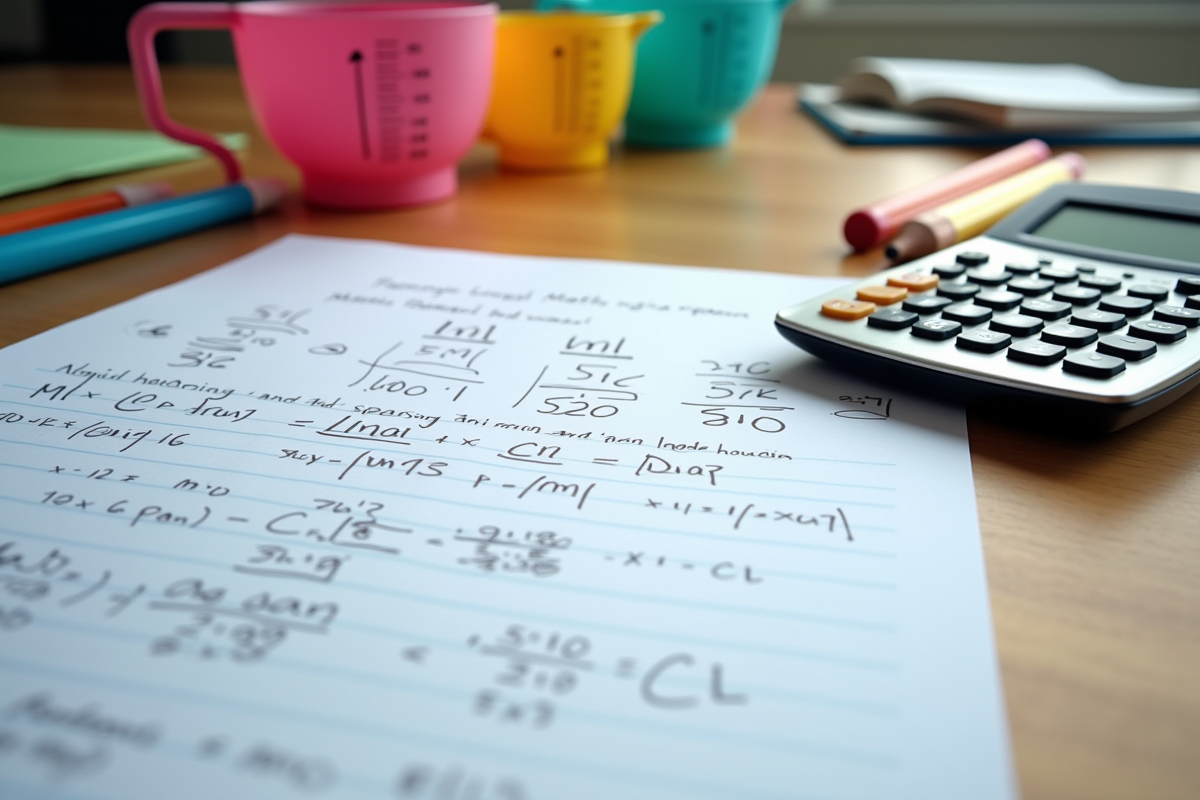 Étudiant avec notes de maths et tasses de mesure colorées