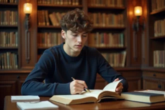 Étudiant lisant des poèmes de Rimbaud dans une bibliothèque universitaire en bois, entouré de livres ouverts et de notes manuscrites