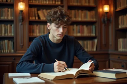 Étudiant lisant des poèmes de Rimbaud dans une bibliothèque universitaire en bois, entouré de livres ouverts et de notes manuscrites